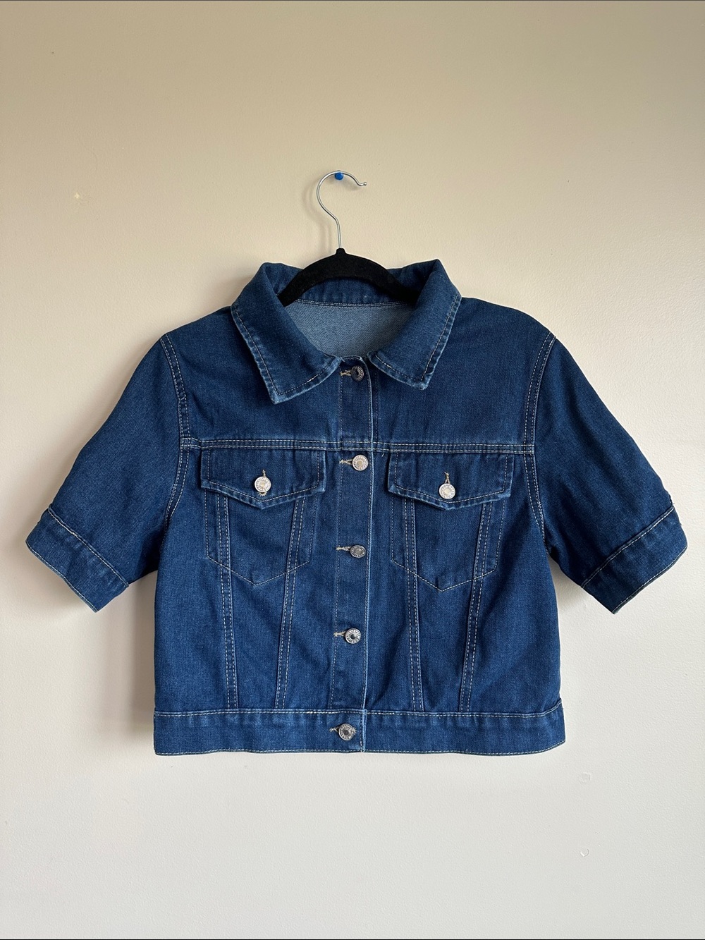 Cropped Denim Jacket - Blue Short-Sleeve Women's Crop Top